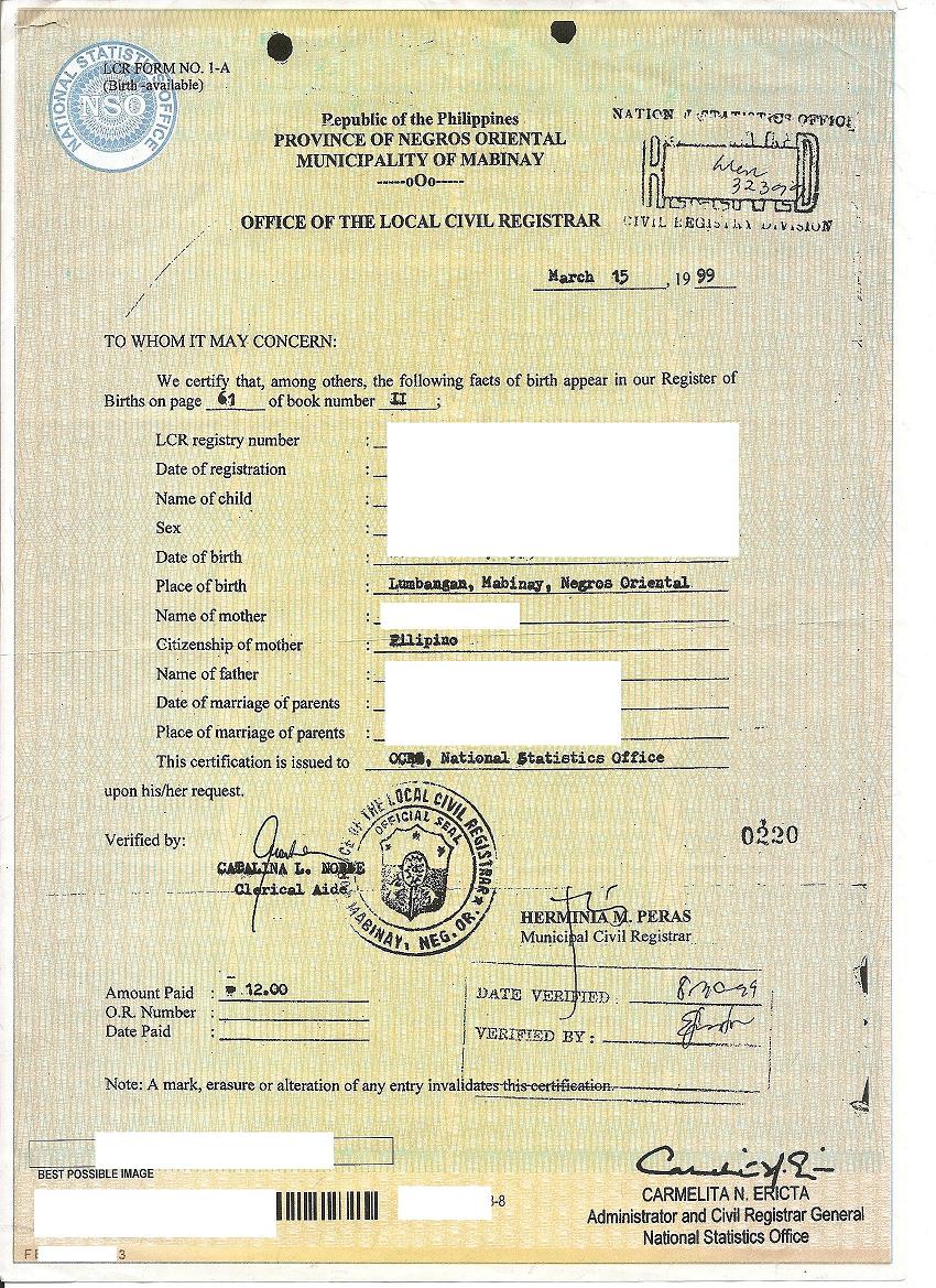 Filipino birth certificate - National Visa Center (Dept of State ...