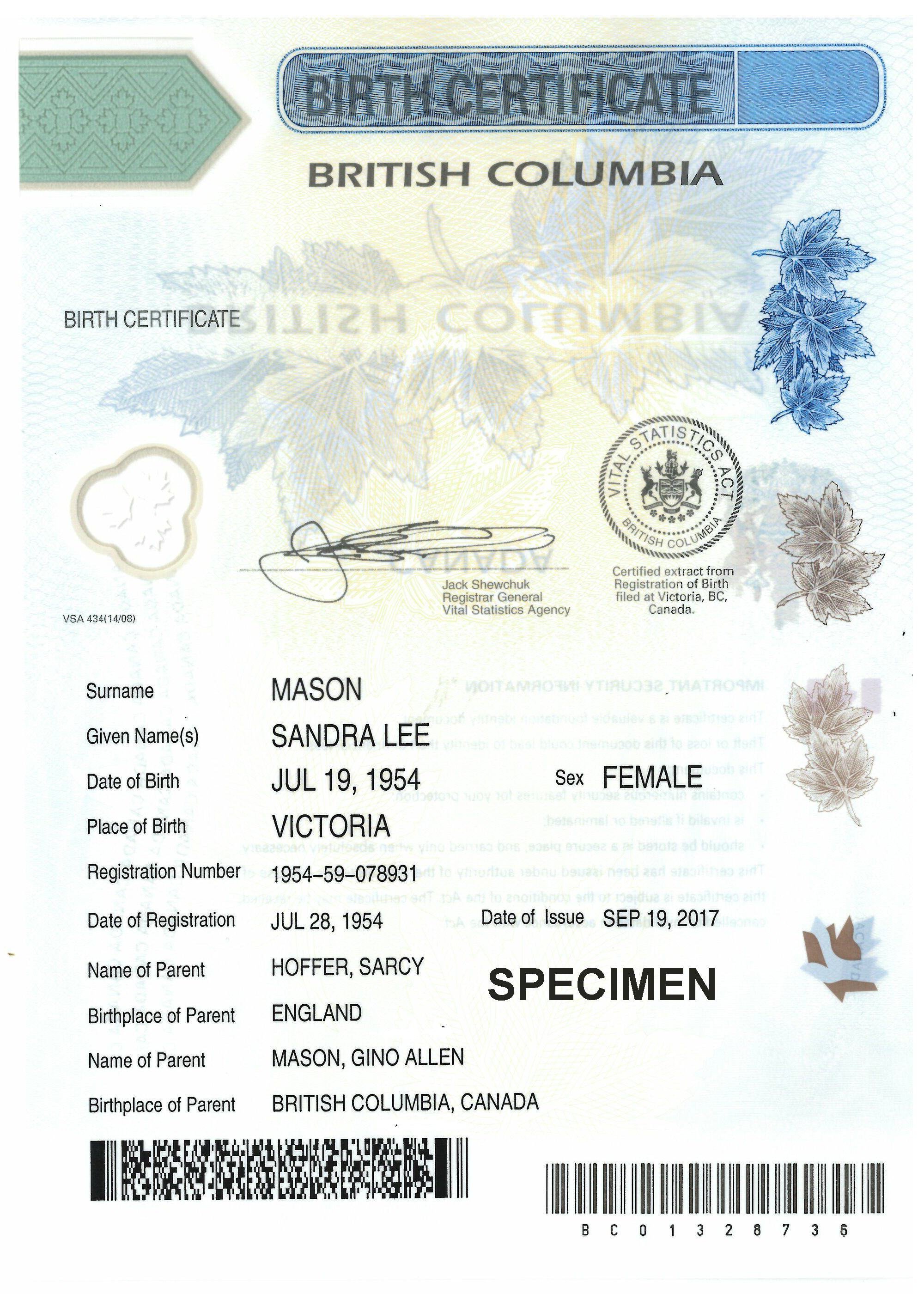 British Columbia Canadian Birth Certificate Help Canada VisaJourney