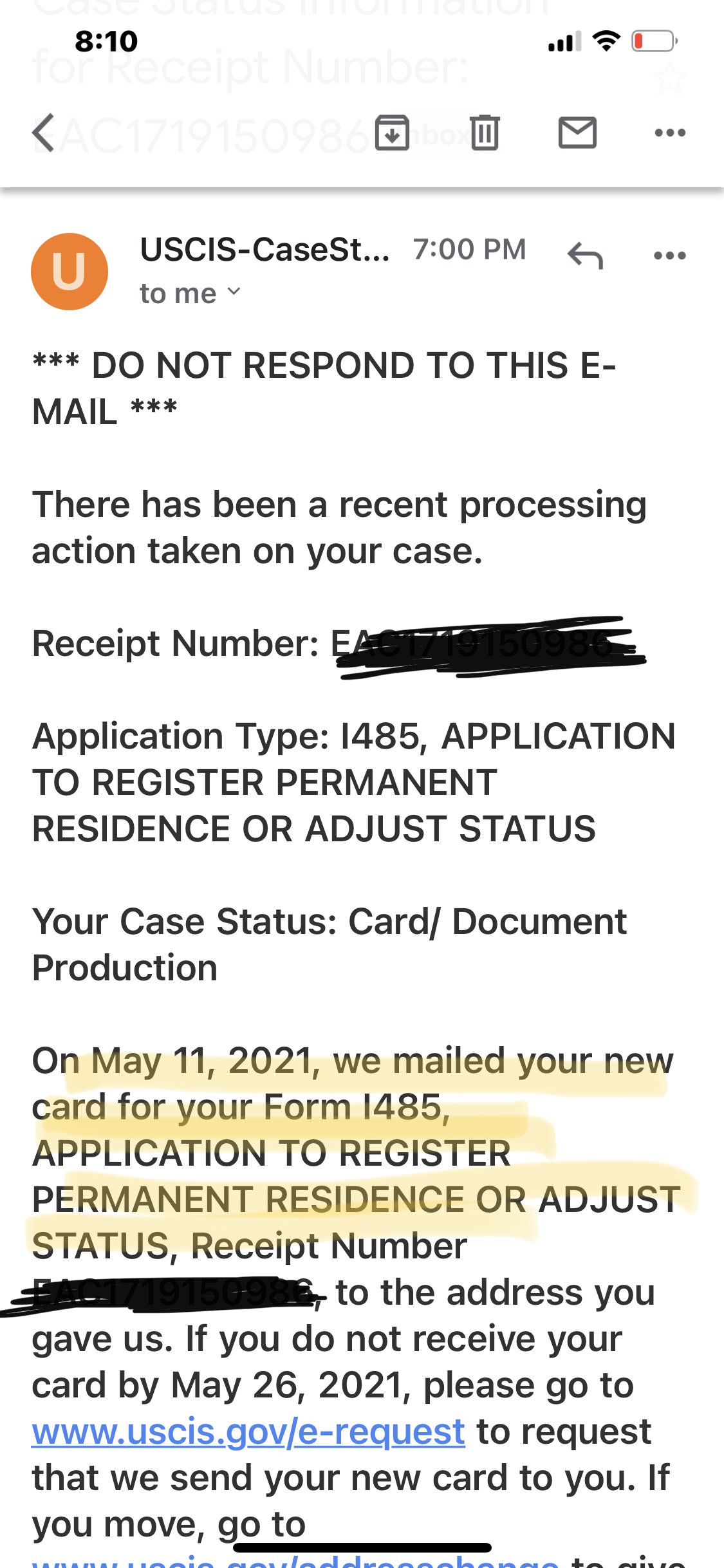 your case status card document production