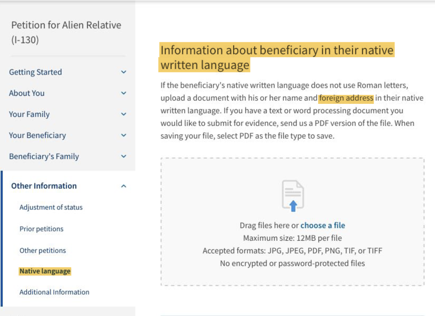 Information about beneficiary in deals their native written language